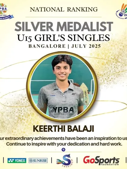 Keerthi Balaji with her Silver medal in the U15 Girl's Singles at the Jr All India badminton tournament in Bangalore, showing the strength of our junior program.