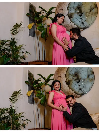 This collage captures two key moments from a maternity shoot: a tender one where the father-to-be kisses the baby bump, and a joyful one where the couple smiles together. It shows our ability to capture both emotion and happiness.