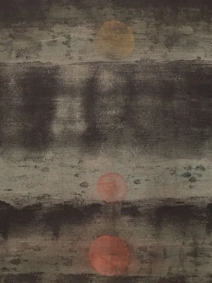 This untitled 1962 masterpiece by V.S. Gaitonde, rendered in ink and ink wash on paper, showcases his mastery over color, texture, and light. Translucent layers of black onyx mingle with serene emerald skies, creating a spiritually resonant experience.