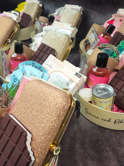 A duplicate of 58, showing another angle of the bridesmaid hampers.