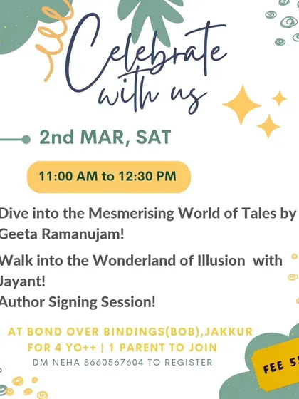 Our official anniversary celebration poster. It invites guests to dive into the world of tales with Geeta Ramanujam and enter a wonderland of illusion with Jayant.