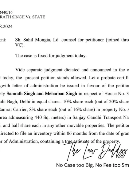 Another judgment from a long-pending probate case that I successfully concluded. This victory involved securing my clients' rightful share in multiple properties by proving the validity of the original will.