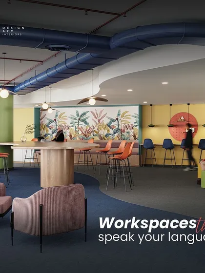 This render showcases a vibrant and eclectic breakout area. With a mix of seating types, bold colors, and a tropical-themed mural, this space is designed to be a hub of creativity and social interaction.