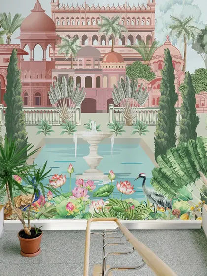 A hallway featuring our Vintage Mughal Garden wallpaper becomes a majestic corridor. The design adds depth and a sense of history to the space, making every passage an experience.