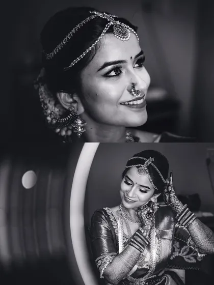 A black and white collage of the bride getting ready, capturing her happy expressions as she puts on her jewelry.