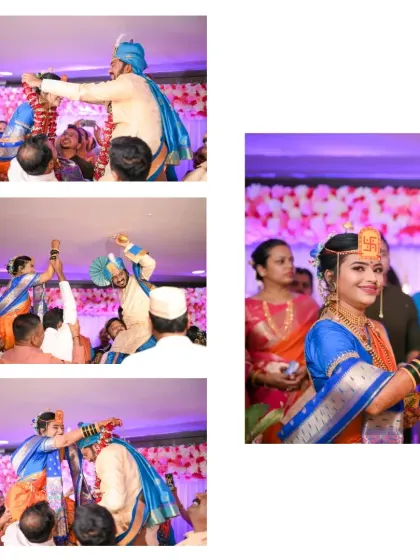 This collage captures the energy of the 'varmala' ceremony, with the bride and groom being lifted up by their families in a fun competition.