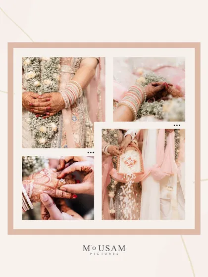 A collage of beautiful moments from a wedding ceremony, focusing on the rituals. The exchange of rings, the holding of hands, and other traditions are captured in a soft, light-filled aesthetic.