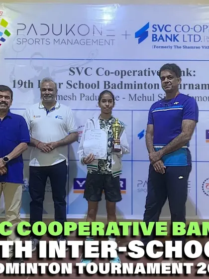Prisha Prabagaran on the podium at the SVC Co-operative Bank 19th Inter-School Badminton Tournament, a proud moment for our academy.