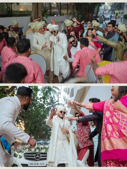 The groom's energetic Baraat procession, filled with dancing and celebration.
