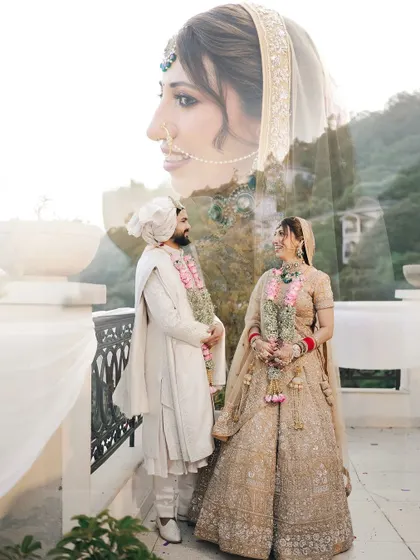 A creative double exposure that overlays a close-up profile of the bride onto the couple's portrait, set against the scenic mountain backdrop.