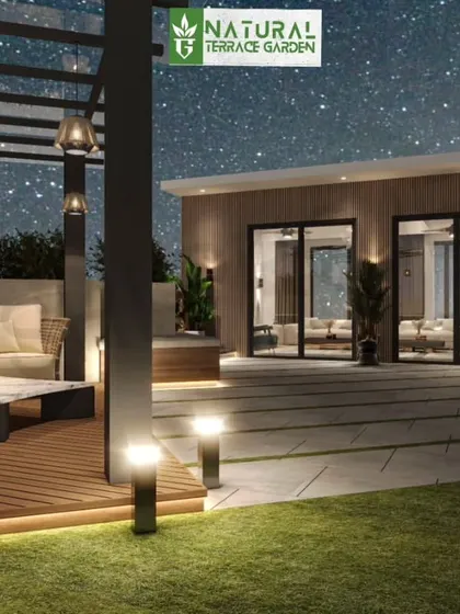 A 3D render of a multi-zone terrace at dusk. The design shows a pergola lounge area connected to a larger open patio, with lighting creating a warm and inviting glow.