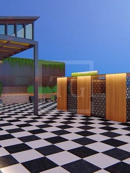 A proposed design for a project in South City, Gurgaon, featuring a bold black-and-white checkered floor, a glass house, and a wooden feature wall with decorative screens.