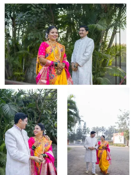 A collage of outdoor portraits of the couple after their wedding ceremony, capturing their joy in a natural setting.
