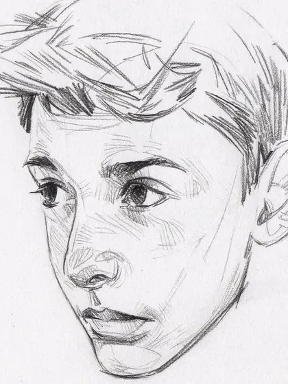 This portrait sketch of a young boy shows a focus on capturing youthful features and a thoughtful expression. We guide students in understanding the fundamentals of head construction for any age.