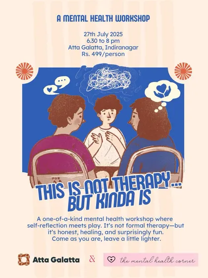 Poster for 'This is Not Therapy... But Kinda Is', a mental health workshop combining self-reflection and play.