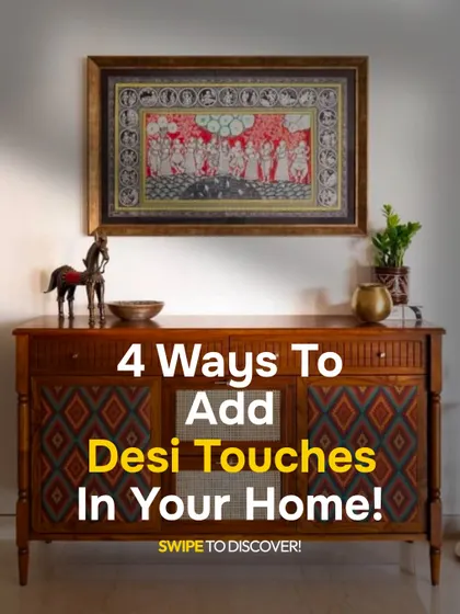 Here are four ways to add those essential desi touches to a modern home. This console table with its intricate patterned doors is a great example of how to start.