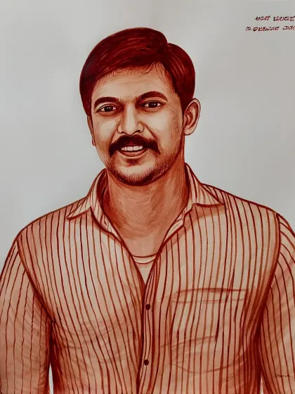 A large A1 size blood portrait of a man in a striped shirt. I can create artwork in various sizes to suit your space.
