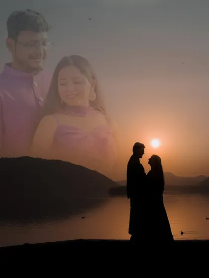 A creative double-exposure shot combining a silhouette of the couple by the lake at sunset with a faded portrait, creating a dreamy and artistic effect.