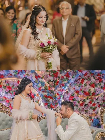 A two-panel shot showing the bride's grand entrance and the groom's romantic gesture of kissing her hand. These moments capture the tradition and romance of an engagement.