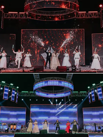 The grand finale of the Sangeet performance, with the couple and their backup dancers on a massive LED stage, complete with pyrotechnics.