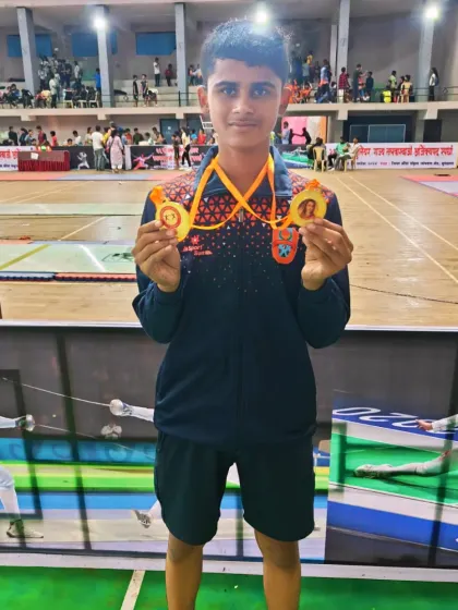 Arjun Sonavane with his individual and team gold medals at the Sub-junior State Fencing Championship. His clean sweep at the state level is an incredible feat.