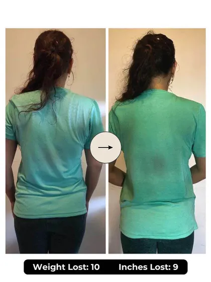 Nadia's phenomenal 6-week progress: 10 kgs and 9 inches lost. She went from poor hydration and minimal steps to following a disciplined diet and gradually lifting heavier.