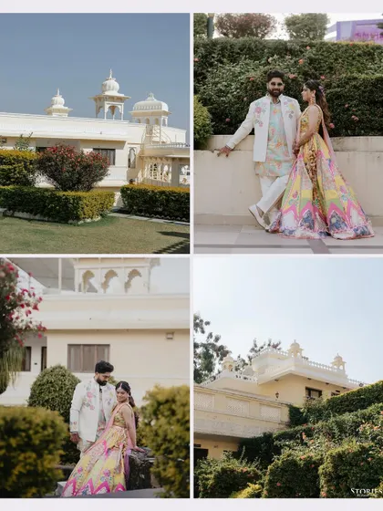 Ronak and Garvita's portraits set against the beautiful facade of their Udaipur wedding venue, highlighting their colorful, modern outfits.