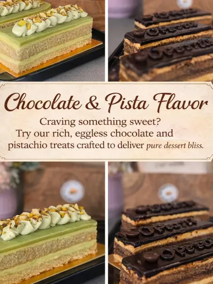 Chocolate and pistachio cake slices share our flavour feature, with their layers and piped finishes shown close up.