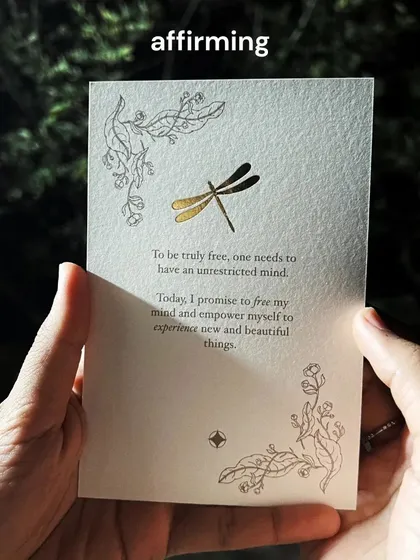 An affirmation card from one of our retreats. We use these to set intentions and empower ourselves to embrace new experiences with an open mind.