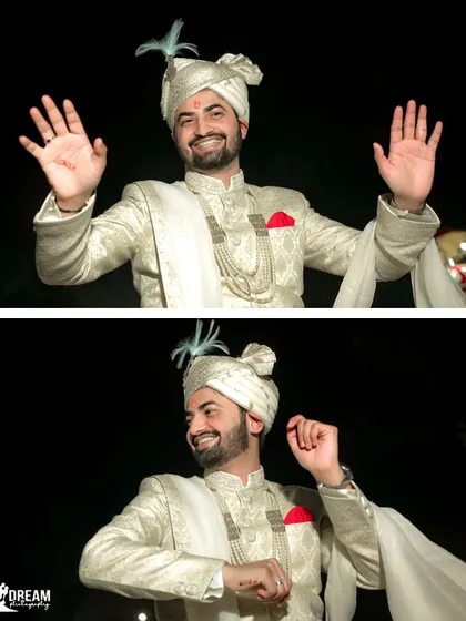 A candid shot of the groom, his happy and energetic expression captured as he makes his entrance.