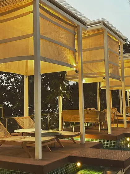 At the Mirage resort in Goa, I wanted the outdoor cabanas to feel like gentle, floating beacons of light. The canopy lighting provides a warm, relaxing glow, creating an intimate and serene atmosphere for guests to unwind by the water.
