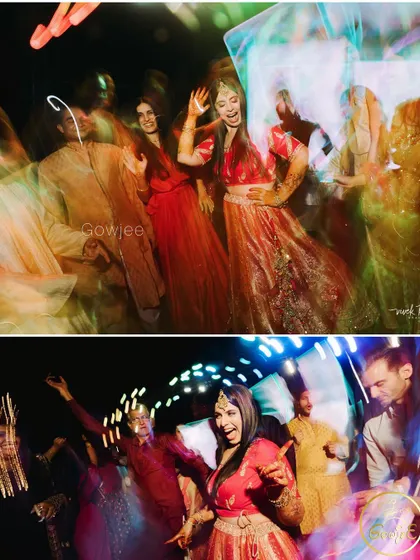 Artistic, long-exposure shots of the bride and guests dancing, creating beautiful light trails.