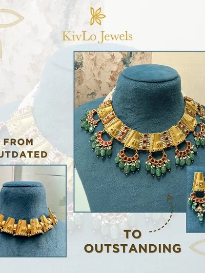 From outdated to outstanding. A classic gold hasli was given a golden upgrade with kundan fillers, pearl backing to add size, and beautiful charms and hangings for a modern, wearable look.