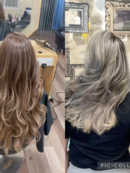 A before and after collage showing a dramatic blonde transformation.