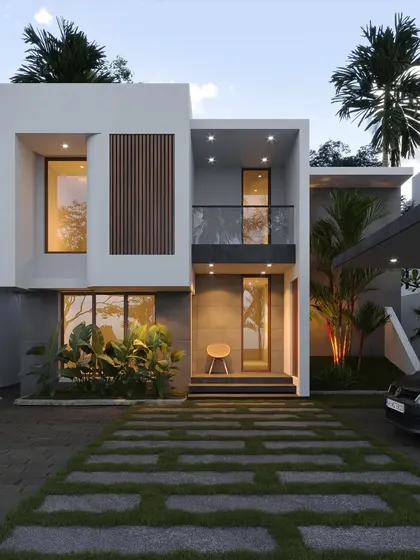 A compact modern house with a clean white and grey facade, accented by a vertical wooden screen for texture and privacy.