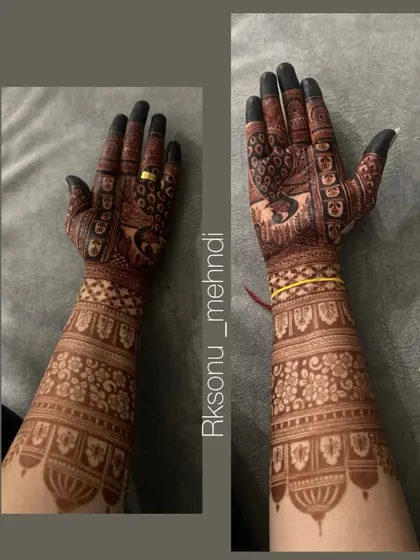 A collage showing the front and back of a full-arm engagement design. The artwork features peacocks, architectural elements, and dense traditional patterns.