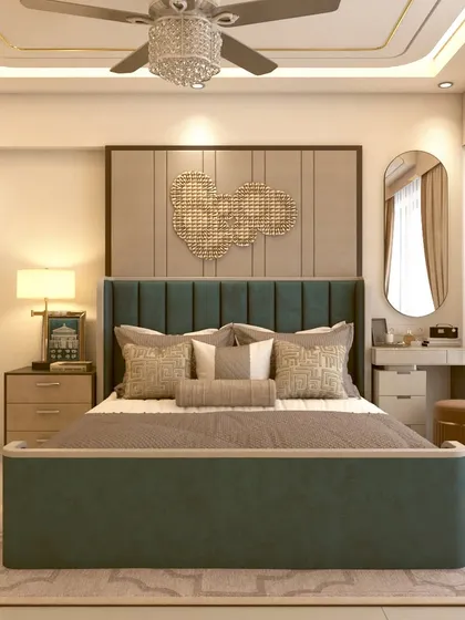 A 3D concept for a master bedroom with a deep teal upholstered bed. The design includes a feature wall with heart-shaped art and a compact dressing table, all planned for a luxurious feel.