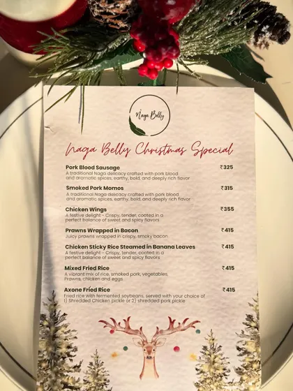 Our special menu for the festive Christmas season. We created unique dishes like Pork Blood Sausage, Smoked Pork Momos, and Chicken Sticky Rice Steamed in Banana Leaves to celebrate.