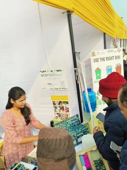 A busy moment at our exhibition stall, with visitors eager to learn more about our recycled products. Events like these are crucial for raising awareness about plastic waste management.