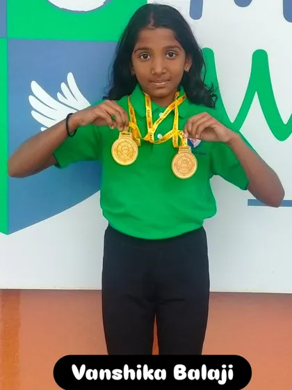 Vanshika Balaji with her two gold medals from the CBSE meet.