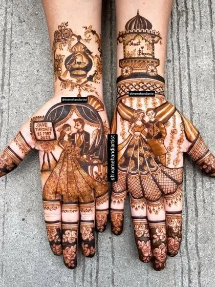 A romantic storybook mehendi with the couple in elegant evening wear, a "Save the Date" message, and other whimsical elements.