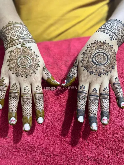 A beautiful mandala design on the back of the hands with intricate check-patterned finger details.