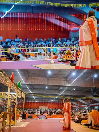 A collage showing the grand scale of the Maha Sudarshan Homa, with me addressing the large gathering. These ceremonies are performed for the benefit of all.