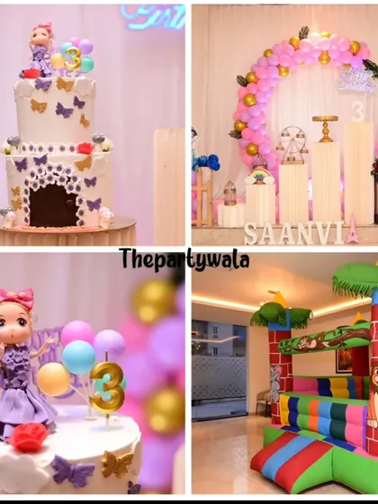 A collage showing a princess-themed party, including a close-up of the doll cake and the bouncy castle I arranged.