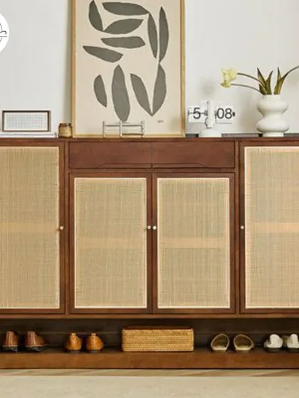 This stylish shoe cabinet with cane webbing is a perfect example of how storage can be a beautiful part of your home decor.