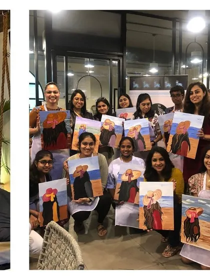 A group of ladies proudly displaying their finished paintings. It's a wonderful activity to do with friends.