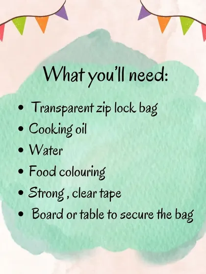 Create a colorful sensory bag with oil and water to explore density. This mess-free activity engages the senses of touch and sight as children watch the liquids interact.