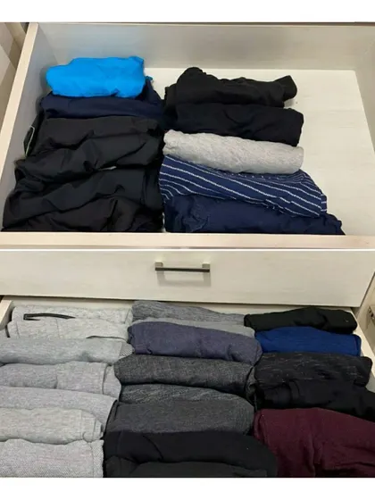 For smaller items like shorts and track pants, we used file folding within the drawers. This maximizes space and ensures every item is visible.
