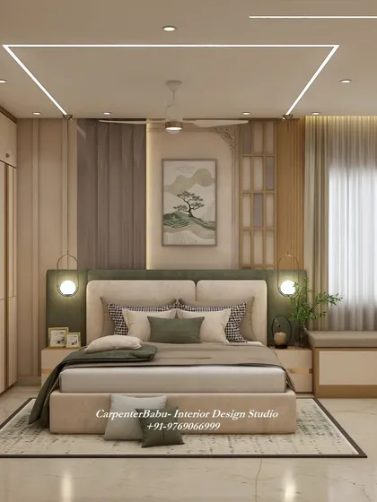 A bedroom with a cozy window seat, perfect for enjoying the view. The headboard wall features a beautiful nature-inspired painting, bringing a sense of calm to the space.