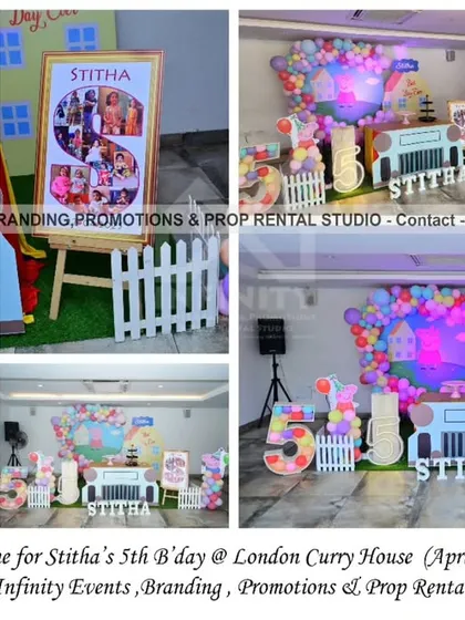 Oink oink! This Peppa Pig theme for a 5th birthday at London Curry House was a delight to create. The setup is packed with fun details, including a custom house backdrop, a large "FIVE" table for the cake, character cutouts, and a colorful balloon garland, making it a playful and memorable party scene.